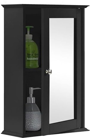 Taylor & Brown Single Door Mirrored Bathroom Cabinet Storage Cupboard Organiser Wall Mounted Mirror Cabinet with Adjustable Shelf, Black 34cm x 15cm x 53cm