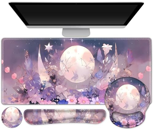 Large Desk Mat, Gaming Mouse Pad Desk Pad, Mousepad + Keyboard Wrist Rest | +Mouse Wrist Rest+Coaster Set with Ergonomic XXL Desk Pad Protector for Home Office PC Computer, Pastel Purple Flower Moon
