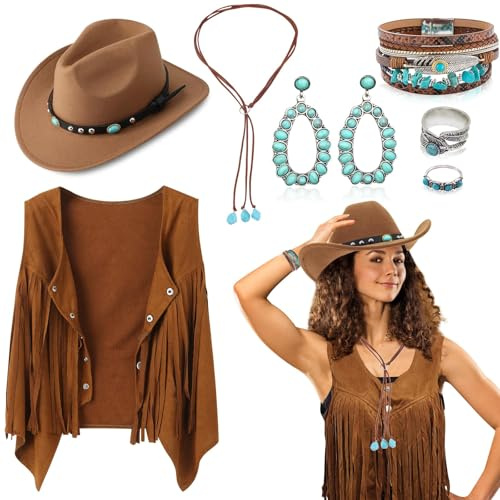 Saier tbo 7 stycken Western Cowboy kostym för damer, Cowgirl-outfits tillbehörsset med pösväst, cowboyhatt, boho-halsband, örhängen, ringar, armband för karneval, fasching, halloween, cosplay (XL)