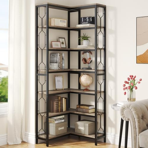 Corner Bookshelf - 7-Tier Industrial Etagere Shelf, Freestanding Wood and Metal Display Bookcase for Living Room, Kitchen, Home Office Storage Solution