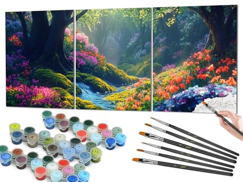 Bougimal Malen Nach Zahlen Erwachsene Landscape, Triptychon, DIY Handgemalt öLgemäLde inklusive Pinsel und Acrylfarben, Wald, 50 x 120 cm(Ohne Rahmen)