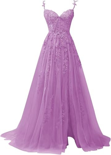 HPPEE Lace Applique Tulle Prom Dresses for Teens with Slit Spaghetti Strap V Neck Formal Party Gown Lilac UK10