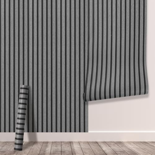 Tarwanear Wood Effect Wallpaper Wood Slat Wallpaper 1 Roll(5.03m²) Dark Grey Wooden Slat Effect Wall Paper Natural Wooden Slatted Roll for Living Room Bedroom Office Front Desk Feature Wall