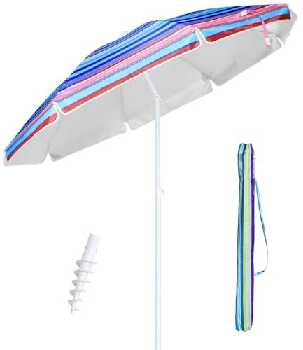 TUOLON Ombrellone Da Spiaggia 180CM Grande Ombrellone Bastone Ø32 Mm Anti Uv 50+ Ombrello Parasole Da Esterno Con Palo Inclinabile In Alluminio Ombrellone Portatile Con Sacca In Tessuto - A Righe Blu