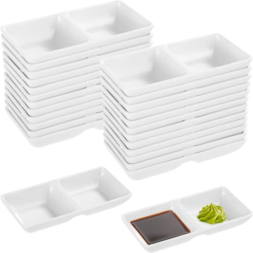 yeeplant Juego de cuencos dobles de 24 piezas, bandejas de salsa de melamina, platos de 2 compartimentos para wasabi, salsa barbacoa y más