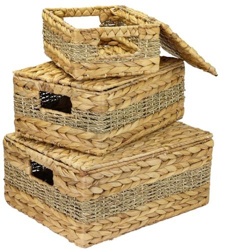 HMF Juego de 3 cestas de almacenamiento con tapa, cesta trenzada de jacinto de agua y algas marinas, tamaño pequeño, mediano y grande