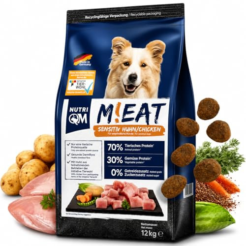 NutriQM® Sensitiv Trockenfutter Getreidefrei | 12 kg | Monoprotein Huhn 70% | Hundefutter Trocken Sensitiv für empfindliche Hunde | Ohne Zusatzstoffe | Mit Omega 3 aus Lachsöl | Made in Germany