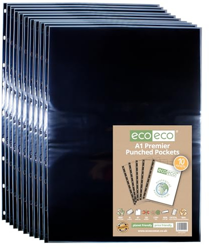 eco-eco Eco190 Klarsichthüllen, A1, Hochformat, 100% recycelt, mehrfach gelocht, glasklar, transparent, Poly-Brieftasche, Blattschutz mit schwarzem Montagepapier, 120 Mikrometer (10 Stück)