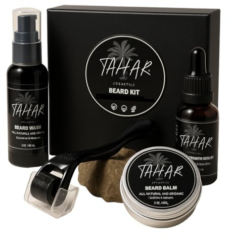 Tahar F&L – Coffret Barbe Homme Complet 4-en-1 | Sérum Pousse, Baume, Shampoing & Rouleau Microneedling | Soin Barbe Naturel – Hydrate, Renforce & Stimule la Croissance