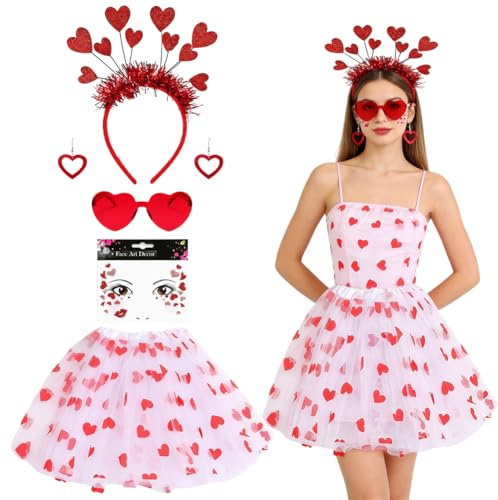 Amor Kostüm Accessoires Set 5 Stück, Herzbrille, Gesichtstattoo, Herz Haarreif, Herz Ohrhänger, Weiß Tüllrock, Cupid Kostüm Damen für Halloween Valentinstag Karneval Carnival Fasching Cosplay