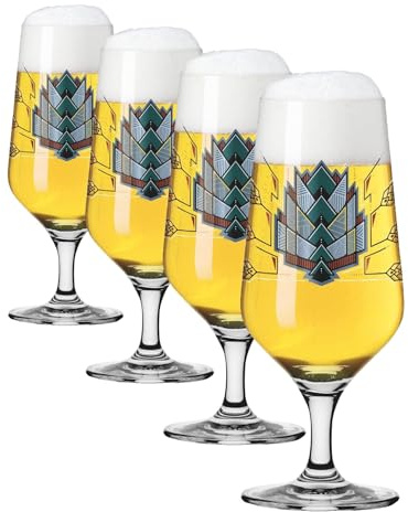 RITZENHOFF 6201001 Vaso de cerveza 374 ml Juego de 2 Serie Brauchzeit con ilustraciones, multicolor Fabricado en Alemania (Paquete de 4)