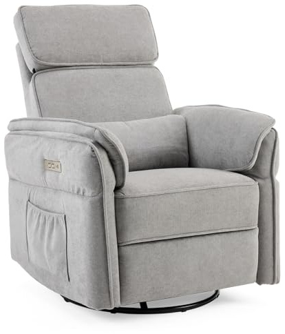 Karl home Recliner Armchair, 300° Swivel Rocking Chair with Extended Footrest, Type C+USB Ports, Dual Side Pockets, Pillow, Reclining High Back Chair Adjustable Single Lounge Sofa, Light Grey