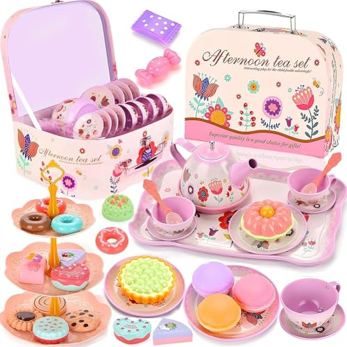 NCKIHRKK 48 stycken teservis för barn, köksleksak för barn, tefest, rollspel, barns kaffeservice, flicka, 3, 4, 5, 6, 7, 8 år