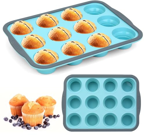 JHFRESTHART Silikon Muffinform 12er mit Metallrahmen, Antihaft Muffinblech, Wiederverwendbare Muffinförmchen für Muffins, Cupcakes & Brownies