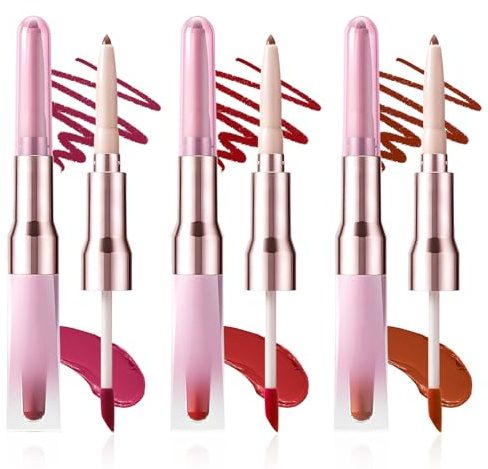 3 Pcs 2-in-1 Lip Liner Et Lip Stain,2-En-1 Crayon à Lèvres Et Brillant Rouge à Lèvres,Peut Utilisé Pour Dessiner Contour Colorer Lèvres Couleur Longue Tenue Transfert,Pour Quotidien Fêtes Rendez-Vous