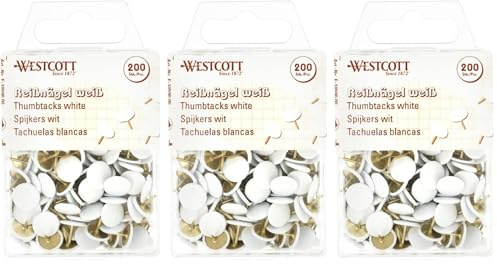 Westcott Reißnägel Weiss 200 Stück | Vorteilspack Reißzwecken mit Kunststoffüberzug | Kopfdurchmesser 10mm | E-10590 00 (Packung mit 3)