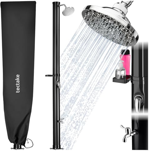 tectake® Douche Solaire multifonctionnelle Eau Chaude 20L, Pommeau de Douche Effet de Pluie, Porte-Savon et Housse de Protection, Douche Solaire exterieure Jardin, Piscine, Camping, Spa, Sauna, Plage