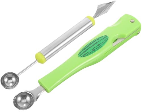EXAOMBLE Set 2 Pezzi Scavino per Meloni in Acciaio Inossidabile e Plastica Design 3 in 1, Facile da Usare per Tagliare Frutta in Pezzi Uniformi, per Ristoranti e Dessert