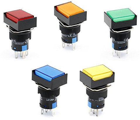 Woljay 16mm Druckschalter Schalter Druckknopf Rechteckig Kopf LED Lampe Rot Orange Grün Blau Gelb Licht AC 220V SPDT 5Pin 5 Stück