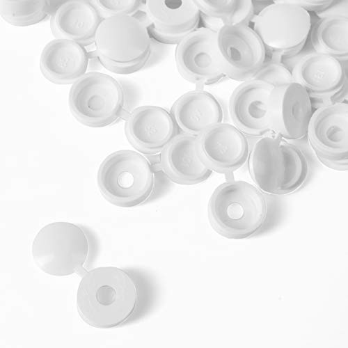 50x White Hinged Plastic Screw Cover Caps 10mm Push-On Fold Over Fit Covers Natural Dark Colour for Furniture, Cabinets, Cupboards Etc