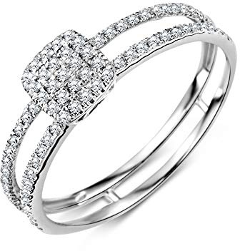 Miore Anillo de compromiso para mujer con diamante pavé, doble fila, oro blanco de 9 quilates, diamantes de 0,24 quilates, Oro blanco, Diamante