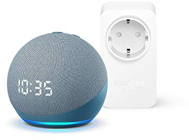 Echo Dot (4ª generazione) con orologio, Ceruleo + Amazon Smart Plug (presa intelligente con connettività Wi-Fi), compatibile con Alexa - Kit di base per Casa Intelligente