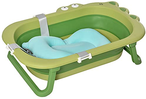 HOMCOM Bañera Plegable para Bebé Bañera Bebé 0-3 Años 50 Litros con Cojín Cómodo y Patas Plegables Carga 50 kg 80x53,9x20,8 cm Verde