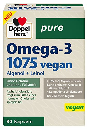 Doppelherz pure Omega-3 1075 vegan - Algenöl + Leinöl - Alpha-Linolensäure trägt zum Erhalt eines normalen Cholesterinspiegels bei - 80 Kapseln