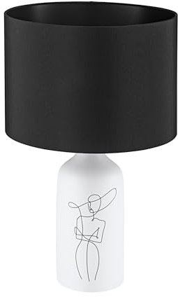 EGLO Tischlampe Vinoza, Nachttischlampe mit Lampenschirm | Tischleuchte aus Keramik in Weiß mit Motiv und Textil in Schwarz, Deko Schlafzimmer, Wohnzimmer Tisch Lampe, E27 Fassung