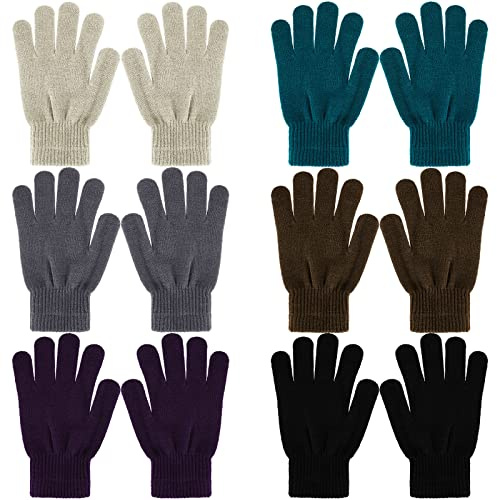 Boyiee 6 Pairs Knit Gloves Pack Winter Adult Stretchy Warm Full Fingers Gloves Pack for Unisex Women Gift(Medium,Khaki, Green, Gray, Coffee, Purple, Black)