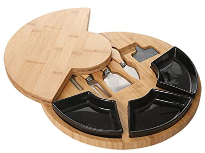 Bamboo Round Cheese Board Cheese Board Charcuterie Platter, Biscuits, Brie Cheese And Meat Trays. Table Organizer With Knives, 3 Black Ceramic Cups