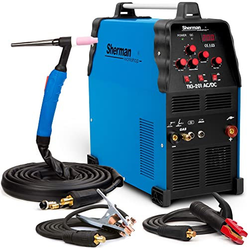 Sherman TIG 201 AC/DC - HF-Zündung WIG Schweißgerät AC DC mit 4m SR26 WIG-Schweißbrenner und präzise Steuerung - Profi Schweißgerät für Aluminium mit MMA-Schweißmodus - Set: Solo