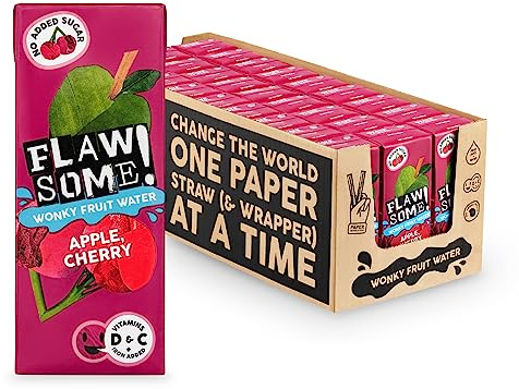 Flawsome! Apple & Sour Cherry Wonky Fruit Water | Pressed Juice (75%), Still Water, Iron, Vitamins C and D | 200ml x 27 Pack Cartons | School Approved - No Added Sugar - Perfect for lunch boxes