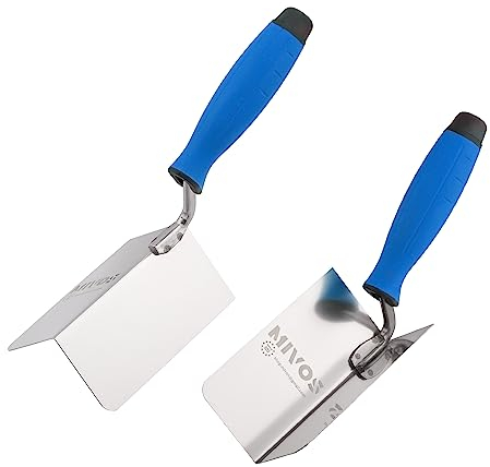 Mivos 2 x Eckenkelle Rostfreie 120 x 60 mm - Inneneckenkelle und Außeneckenkelle aus Edelstahl - Innen und Außen Kantenkelle mit Softgriff - Eckspachtel - Blau - Made in EU