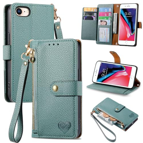VEEMOS Handyhülle für iPhone 8/7 / iPhone SE 2020 2022 Hülle Klappbar Klapphülle Schutzhülle mit Kartenfach RFID Reißverschluss Handy Tasche Leder Flip Case Cover Handytasche Frauen - Grün
