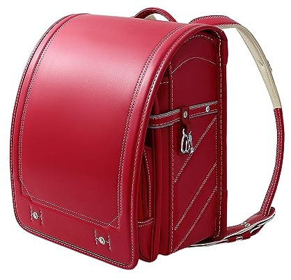Sac d'école, Sac à Dos léger Ransel Randoseru, Cartable Japonais en PU avec Serrure Automatique, Rouge, 35 x 27 x 20 cm
