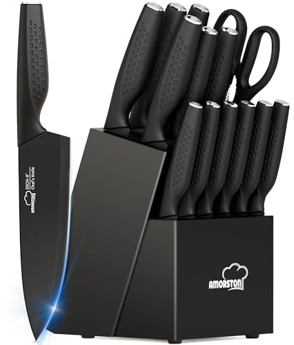 Knife Set, 15 Pieces Kitchen Knife Set with Block Built in Sharpener, Dishwasher Safe, German Stainless Steel Knife Block Set, Elegant Black