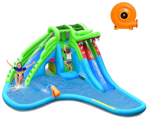 Maxmass Inflatable Bounce House, 7-in-1 Kids Bouncy Castle with 780W Air Blower, Double Water Slide, Basketball Hoop, Climbing Wall, Tunnel, Splashing Pool, Children Jumping House for Indoors Outdoors