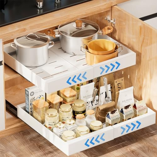 Mutool Pull Out Cabinet Organizer - Extendable Sliding Drawer, Heavy Duty Slide Out Storage Shelf with Adhesive Nano Film for Kitchen, Pantry, Bathroom, Under Sink Storage (White)
