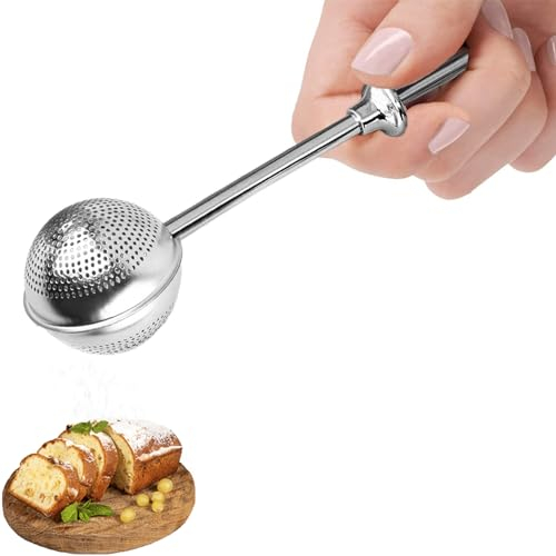 Powdered Sugar Shaker Duster, Flour Sifter for Baking, Baker's Dusting Wand Dispenser with Spring-Operated Handle One-Handed Operation, Stainless Steel Spices Sugar Strainer Steeper Tea Balls