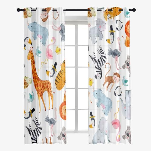 Odot Transparent Gardinen mit Ösen Schlaufen, Kinder Drucken Vorhänge Voile Sheer Vorhang Dekoschal Fensterschal Ösenvorhang für Wohnzimmer Fenster 2er Set (132x182cm,Tiere)