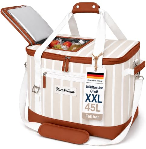 PuerFolium Kühltasche Groß Faltbar 45L Kühlbox für Einkauf Strand Auto Picknicktasche Einkaufskorb Lunchtasche Thermotasche Cooler Bag Unterwegs Passive Wasserdicht 12h Isoliert mit Klappe Retro XXL
