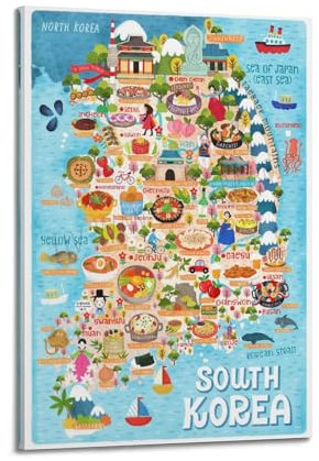 qiyan Poster decorativo da parete con mappa dell'Asia e Corea del Sud, stampa artistica su tela, poster decorativo moderno per camera da letto, per camera da letto, 50 x 75 cm