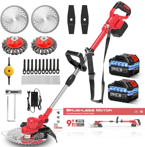 BTSXZCZ Rasentrimmer mit Akku und Unkrautbürste, 4 In 1 Akku Rasentrimmer für Makita Akku, Akku Freischneider mit 2X4.0Ah Akku,1-45CM Teleslopstiel Elektro Motorsense für Garden Trimmen (Rot)