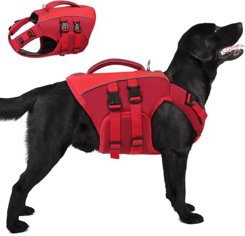 Queenmore Hundeschwimmweste Große Hunde,Verstellbar Schwimmweste Hund, Rettungsweste Mit Griff, Schwimmweste Für Große Hunde Labrador,Bootfahren Surfen kajak, Rot, XXL