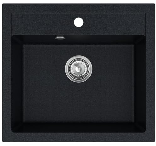 SINK QUALITY Küchen Spülbecken Granit 56 x 51 cm - Einbauspüle für 60er Unterschrank - Küchenspüle mit Siphon - Waschbecken Küche Schwarz - Spülbecken Granit 60 cm Unterschränk
