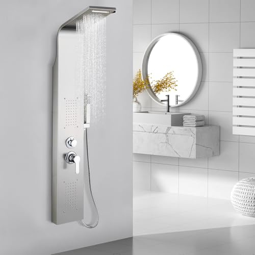 OHMG 4 in 1 Duschsäule aus Edelstahl, multifunktional, Duschpaneel, Handbrause, Regendusche, Massagedusche und Wasserfalldusche für Badezimmer