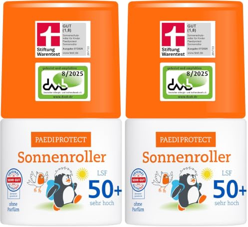 PAEDIPROTECT Sonnenroller 2er Pack - LSF 50+, Roll-On Sonnencreme, 50 ml | vegan & parfümfrei, ohne allergiefördernde Reizstoffe, für empfindliche Haut, für Babys, Kinder & Erwachsene