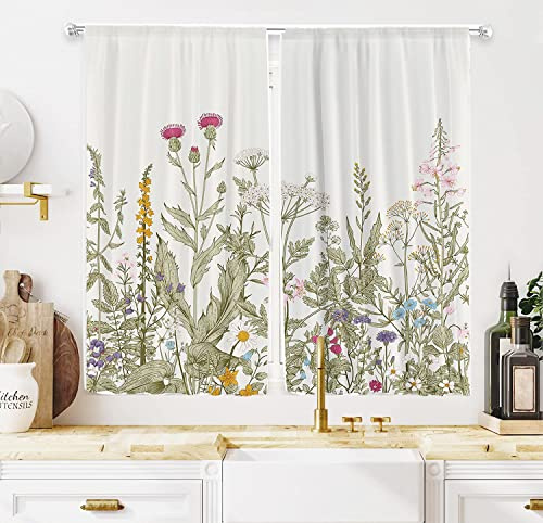 Syleubucy Set di 2 tende da cucina con fiori selvatici, per soggiorno, camera da letto, per finestre e finestre, 60 x 90 cm, (120 x 90 cm, fiori selvatici)