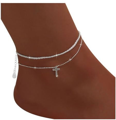 925 Silber Fußkettchen für Damen, Verstellbar Wasserdicht Doppelte Fußkette Mit Kreuz Anhänger, Eleganter und Funkelnder Strand Fussketten Schmuck für den Knöchel
